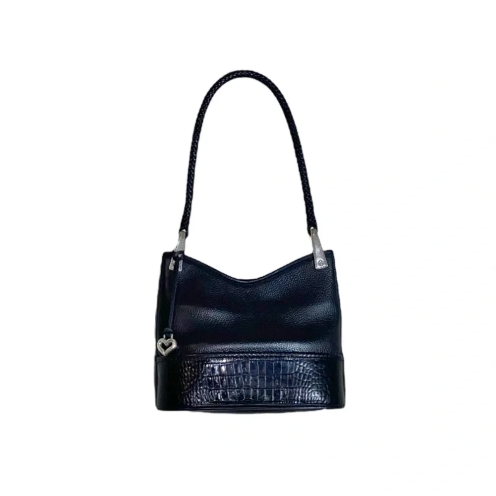 Brighton VTG 90s Y2K Gina Black Pebbled & Croc Embossed Trim Leather Hobo Purse